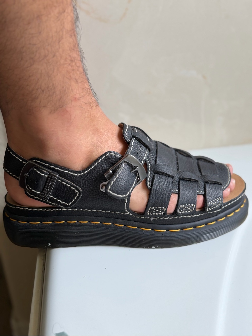 Dr. Martens Black Leather Fisherman Sandals with Yellow Stitching